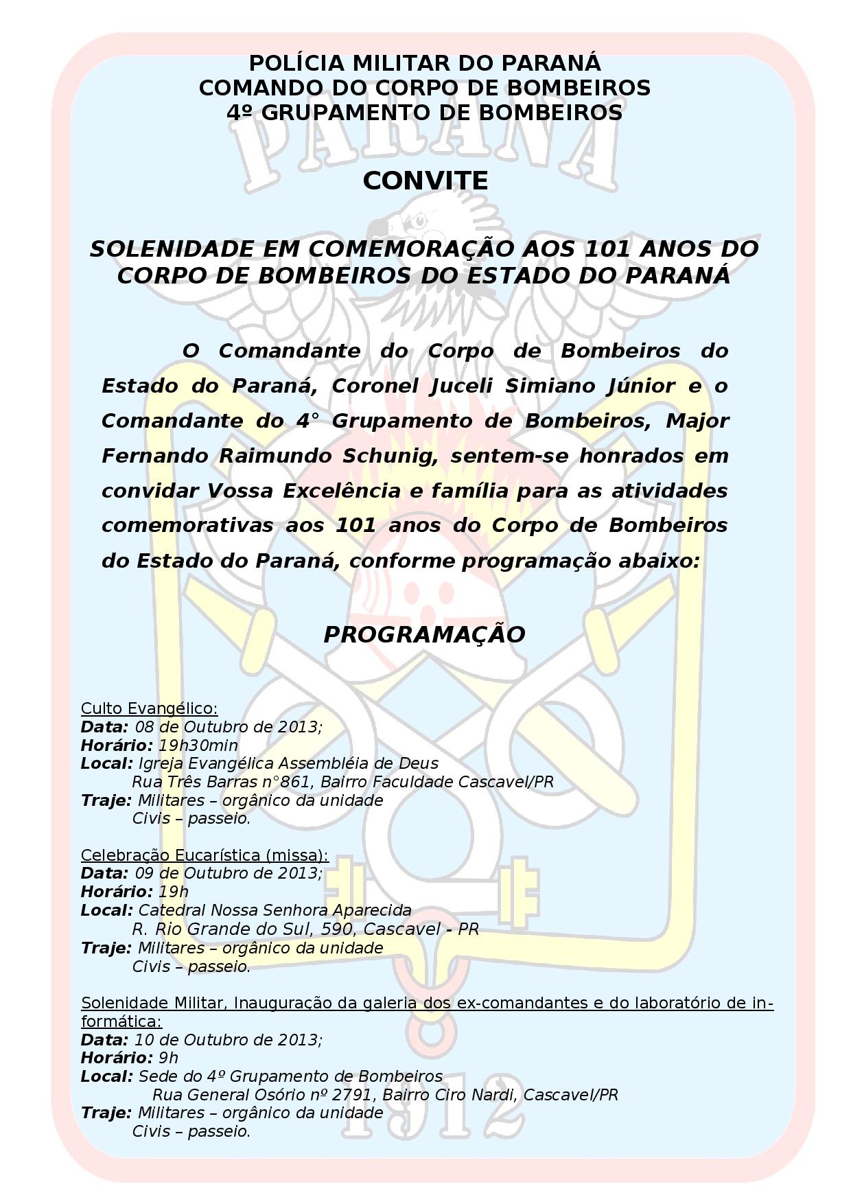 CONVITE - SOLENIDADE EM COMEMORAÇÃO AOS 101 ANOS DO CORPO DE BOMBEIROS DO ESTADO DO PARANÁ
