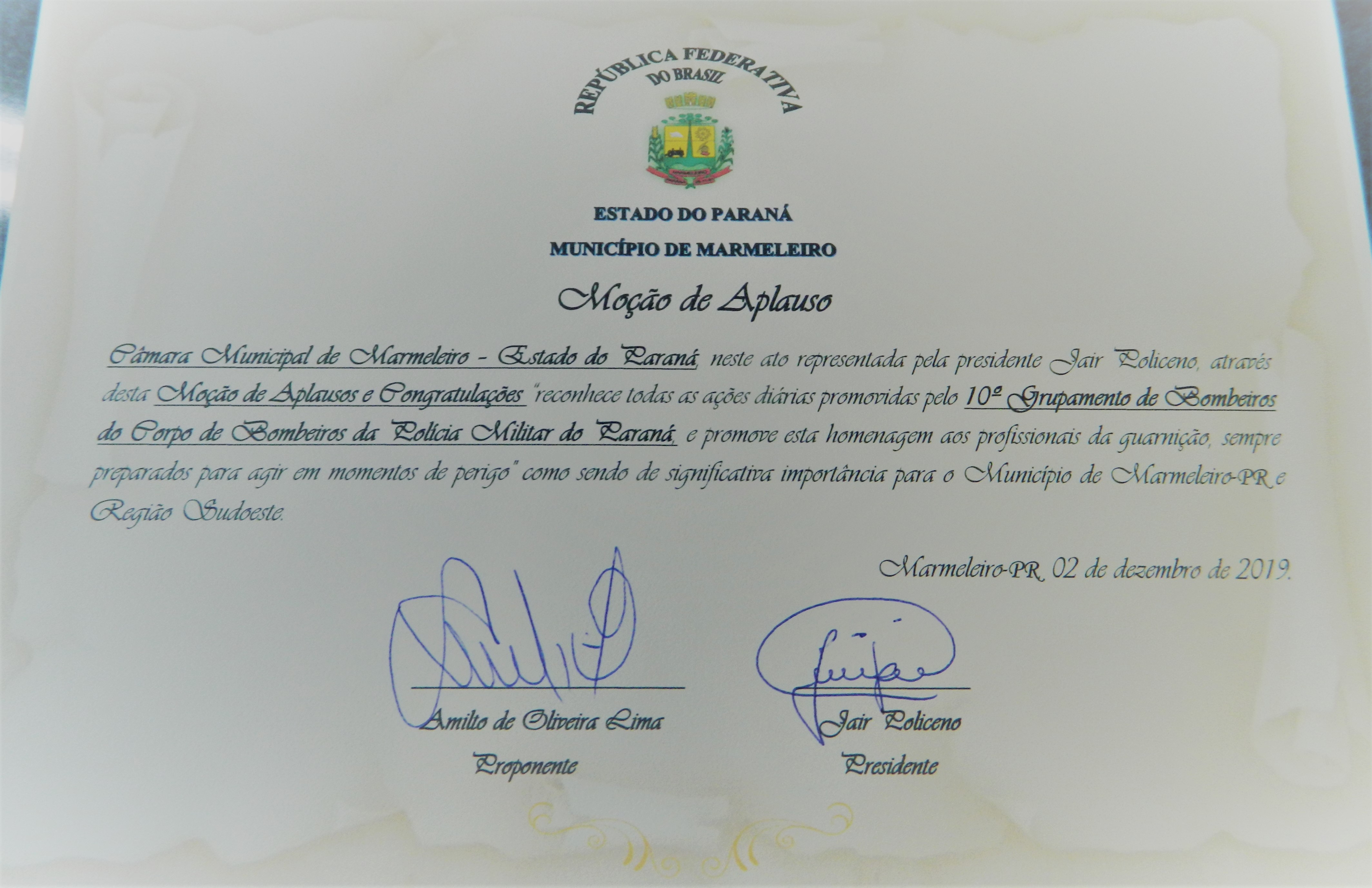 Sessão Solene para entrega de Moção de Aplauso ao 10º GB