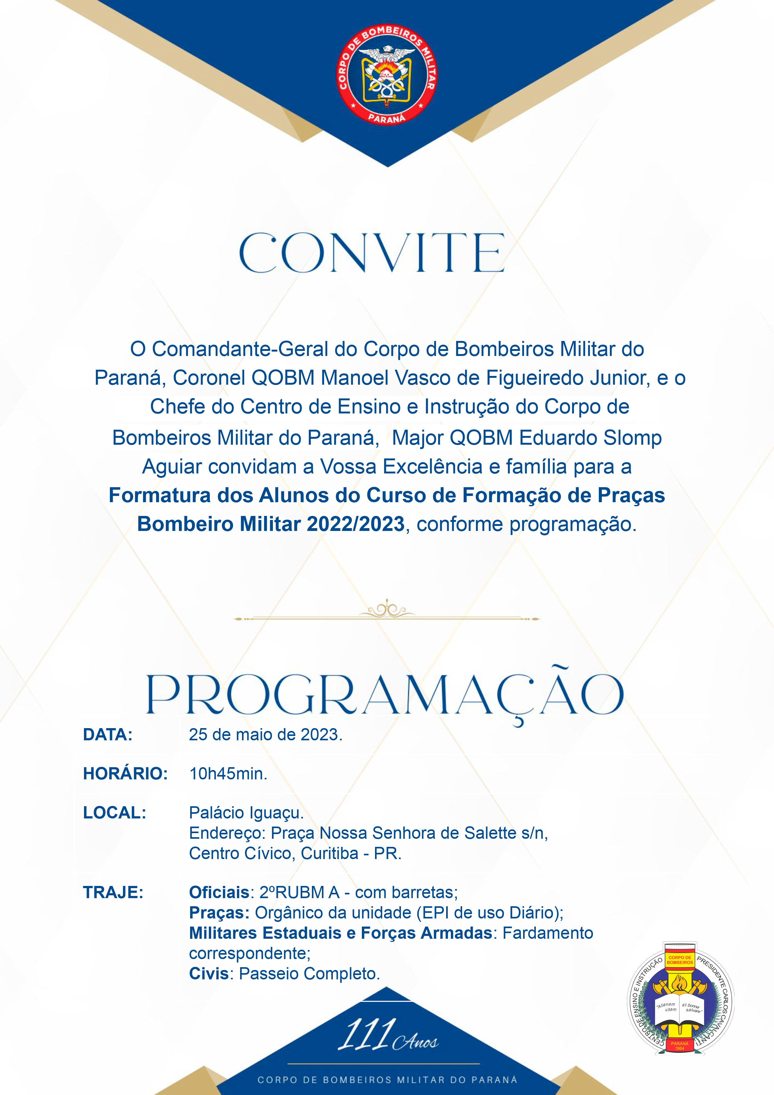 Convite de Formatura dos Alunos do Curso de Formação de Praças Bombeiro Militar 2022/2023