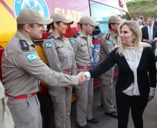 O município de Campina Grande do Sul, Região Metropolitana de Curitiba, conta agora com um grupamento do Corpo de Bombeiros. A governadora Cida Borghetti participou nesta quinta-feira (28) da solenidade oficial de inauguração do quartel. Campina Grande do Sul, 28/06/2018.Foto: José Fernando Ogura/ANPr