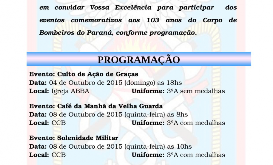 Programação dos 103 Anos do Corpo de Bombeiros