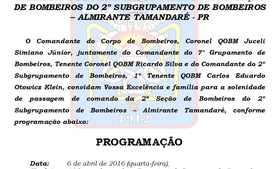 Convite para a Passagem de Comando da 2ª Seção de Bombeiros de Almirante Tamandaré