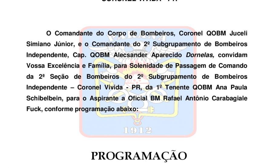 Convite para a Passagem de Comando da 2ª Seção de Bombeiros de Coronel Vivida