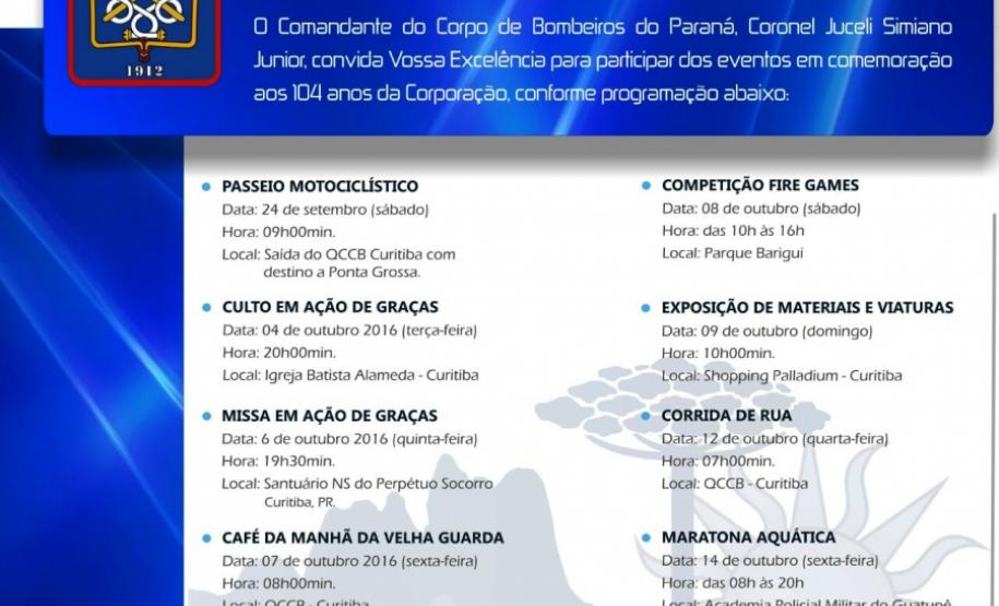 Confira a programação das atividades comemorativas aos 104 anos do Corpo de Bombeiros do Estados do Paraná, em Curitiba e região Metropolitana Confira a programação das atividades comemorativas aos 104 anos do Corpo de Bombeiros do Estados do Paraná, em Curitiba e região Metropolitana
