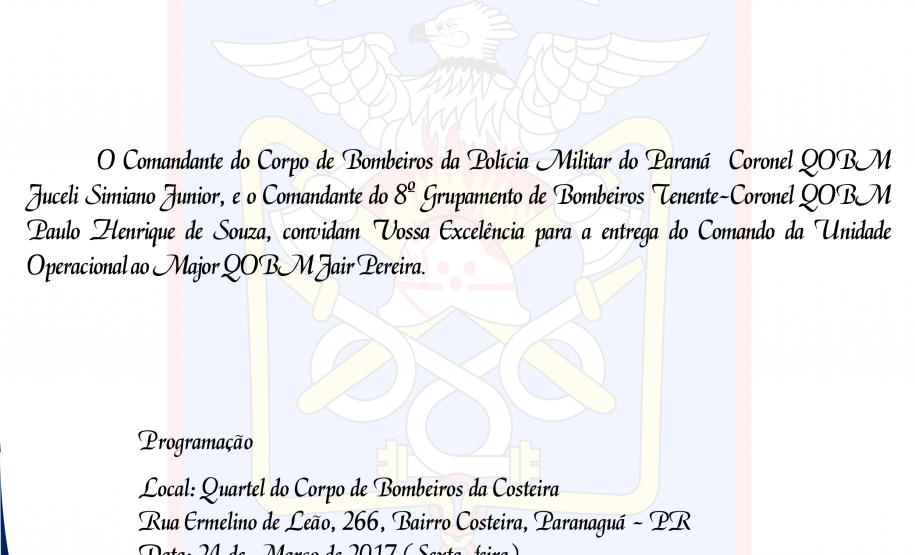 Convite da solenidade de passagem de comando do 8º GB - Paranaguá