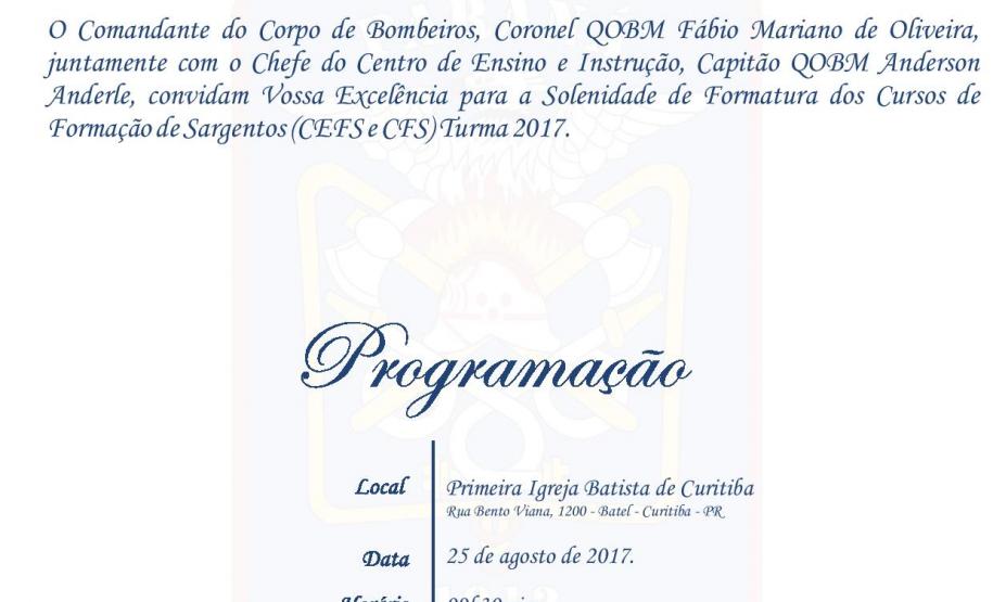 Convite para a Formatura do Curso de Formação de Sargentos (CEFS e CFS)