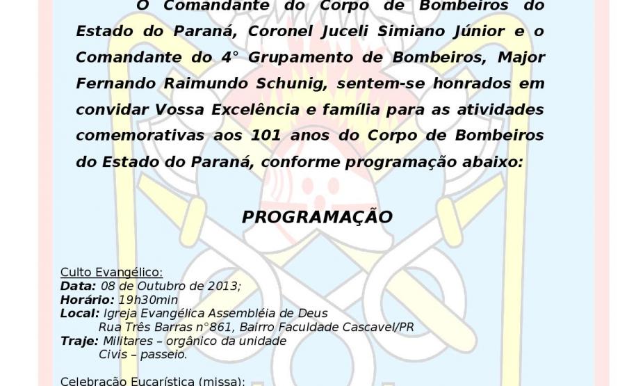 CONVITE - SOLENIDADE EM COMEMORAÇÃO AOS 101 ANOS DO CORPO DE BOMBEIROS DO ESTADO DO PARANÁ